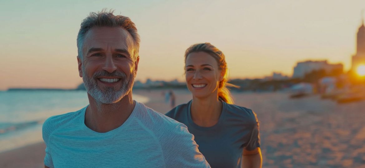 A man and woman are smiling and running on a beach